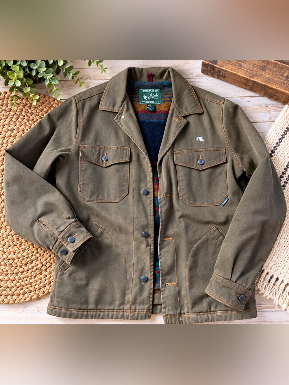 Woolrich Men's Olive Green Canvas Field Jacket with Button Front